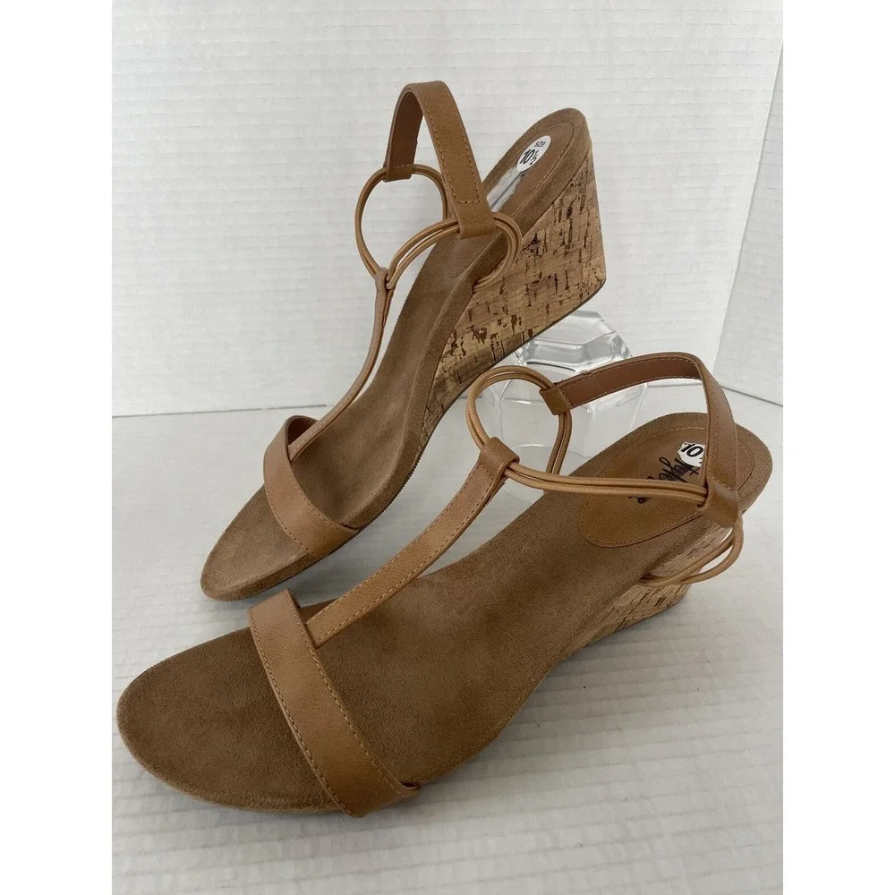 Style&Co Heels Womens 10.5M Mulan Open Toe Wedges TStraps Brown Slip On